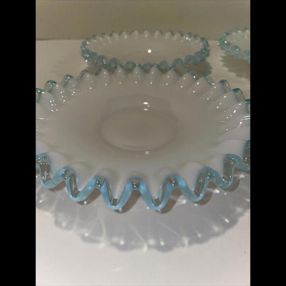 Set of 4 - Vintage Fenton Aqua Crest Milk Glass Saucers ~ 6  “ Pale Blue Ruffle - Picture 2 of 7